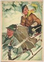 Heiligenstadt. Winter in Deutschland. Nach einem Plakat der Reichsbahnzentrale für den Deutschen Reiseverkehr, Berlin / Winter sport, sledding couple