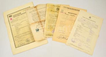 1918-1940 Az újpesti Bryson-család dokumentumai, iskolai bizonyítványok, 5 db, változó állapotban, az egyik hátán javítással.