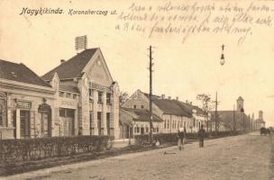 1915 Nagykikinda, Kikinda; Koronaherceg út, Wagner J. és Gertig J. bádogos üzlete, Olimpos Mozi / street, shops, cinema (EK)
