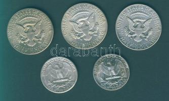 USA 1/4$ Ag 1961,1964 + 1/2$ Ag 1967, 1969D (2x) Összesen 5db (4klf) T:2,2-