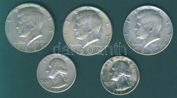 USA 1/4$ Ag 1961,1964 + 1/2$ Ag 1967, 1969D (2x) Összesen 5db (4klf) T:2,2-