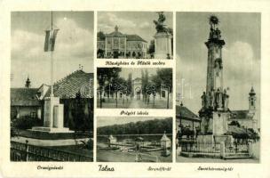 Tolna, Országzászló, Községháza, Hősök szobra, emlékmű, Polgári iskola, Strandfürdő, Szentháromság tér és Szentháromság szobor