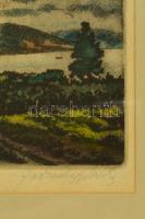 Farkasházy Miklós (1895-1964): Folyópart. Színezett rézkarc, papír, jelzett, 11×27 cm