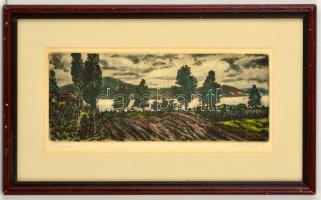 Farkasházy Miklós (1895-1964): Folyópart. Színezett rézkarc, papír, jelzett, 11×27 cm