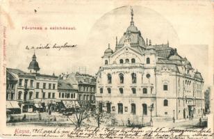 1901 Kassa, Kosice; Fő utca, színház, Meisels Leó üzlete. Divald kiadása / main street and theatre, shops