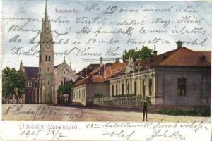 1905 Verebély, Vráble; Fő utca, templom / main street, church (szakadás / tear)