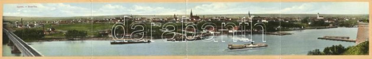 1911 Újvidék, Novi Sad; 4-részes kihajtható panorámalap, rajta vasúti híd, templomok, zsinagóga. Kiadja Singer J. udvari fényképész / 4-tiled foldable panoramacard with railway bridge, churches, synagogue (EK)