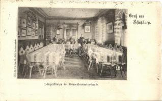 Segesvár, Schässburg, Sighisoara; Sängerkneipe im Gewerbevereinshause. Lichtdruck v. Jos. Drotleff / Craftsmen Association, interior