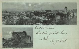 Léva, Levice; várrom, látkép a zsinagógával / castle ruins, general view with synagogue (vágott / cut)