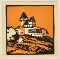 Kós Károly (1883-1977): Vár, színes linómetszet, papír, jelzés nélkül, paszpartuban, 10×10 cm