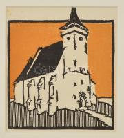 Kós Károly (1883-1977): Templom, színes linómetszet, papír, jelzés nélkül, paszpartuban, 10×10 cm