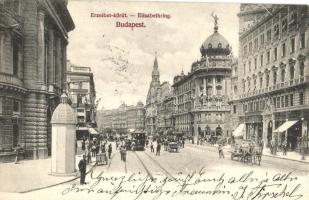 1907 Budapest VIII. Erzsébet körút, Blaha Lujza tér, Politzer M. fia üzlete, női divatterem, villamos