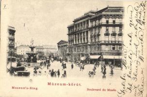 1901 Budapest VIII. Múzeum körút, Gyógyszertár, szökőkút, Kálvin tér, villamosok (EK)