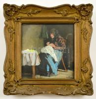 Sautner Lipót (1889-?): Varró öregasszony. Olaj, karton, jelzett, üvegezett keretben, 17×16 cm