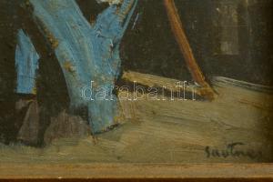 Sautner Lipót (1889-?): Varró öregasszony. Olaj, karton, jelzett, üvegezett keretben, 17×16 cm