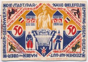 Németország / Weimari Köztársaság / Bielefeld 1921. 50M selyem, bélyegzéssel T:I fo. Germany / Weimar Republic / Bielefeld 1921. 50 Mark silk, with stamp C:UNC spotted
