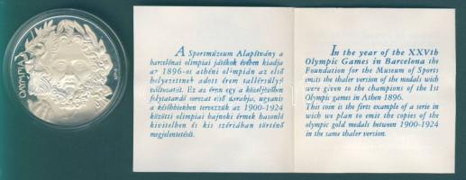 1992. "Olimpia" - az 1896-os athéni olimpián az első helyezetteknek járó érem Sportmúzeum Alapítvány által kiadott Ag másolata, 36g T:PP Csak 500db! Eredeti díszdobozban, tanúsítvánnyal!