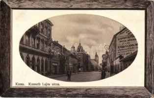 Kassa, Kosice; Kossuth Lajos utca, Mildner, Varga Bertalan papírkereskedő és Kassai Hírlap reklámjai a falon. Unikum kiadása / street view, advertisement of various shops on the wall