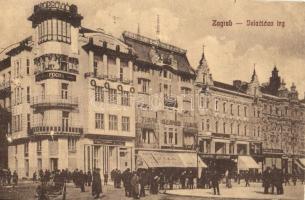 Zagreb, Agram, Zágráb; Jelacicev trg / square, shops of Fuchs, G. Poppovic, Leop. Schwarcz, F. Rudovits (vágott / cut)