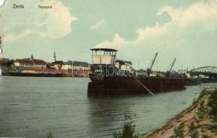 1910 Zenta, Senta; Tiszapart, DDSG 247-es uszály. Kiadja Kabos Ármin / Tisza riverbank, barges (b)