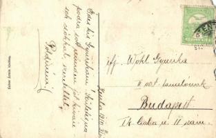 1910 Zenta, Senta; Tiszapart, DDSG 247-es uszály. Kiadja Kabos Ármin / Tisza riverbank, barges (b)