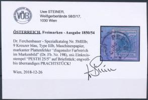 9kr MP III blue, diagonal paint stripe "PESTH" Certificate: Steiner 9kr MP III kék, átlós ...