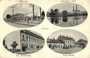 Szerencs, Cukorgyár, Vasútállomás, Kir. Járásbíróság, automobilok, cukorgyár a tóval (szakadás / tear)