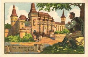 Vajdahunyad, Hunedoara; Régi dicsőségünk hol késel... Kiadja a Székely Egyetemi és Főiskolai Hallgatók Egyesülete / Cetatea (Castelul) Huniadestilor / Hungarian irredenta art postcard, castle s: Gebhardt - képeslapfüzetből / from postcard booklet (EK)