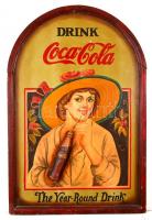 Coca-Cola kézzel festett reklám tábla, apró festék hibákkal, kereten repedéssel, fa lemez, 91×30 cm