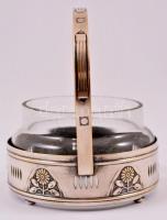 Szecessziós Argentor kínáló kosárka, üvegbetéten apró csorbákkal, m: 12,5 cm