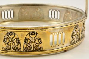 Szecessziós Argentor nagy füles kínáló, üvegbetéten karcolásokkal, m: 22 cm, d:25 cm