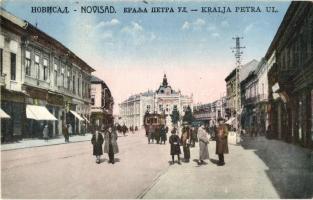 Újvidék, Novi Sad; Kralja Petra ul. / utcakép, üzletek, villamos / street view, shops, tram