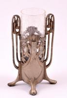 W.M.F. szecessziós talpas ón váza, jelzett, hibátlan kraklé üvegbetéttel, kopott, m: 17 cm