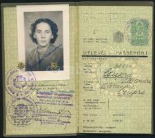 1947 Csehszlovákiára érvényes fényképes magyar útlevél női tisztviselő részére, kevés bejegyzéssel, ...