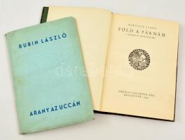 Rubin László: Arany az uccán Budapest, é.n. Forum. Sorszámozott, aláírt, kereskedelmi forgalomba nem került, csak számozott példányban készült az író barátainak. Ez a 168. példány. Kiadói papírkötésben. + Bartalis János: Föld a párnám. Erdélyi bukolikák. Kolozsvár ,1930 Erdélyi Szépímves Céh. Félbőr kötésben.