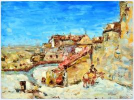 Jelzés nélkül: Mediterrán városka, szamárral. Olaj, farost. 30x40 cm