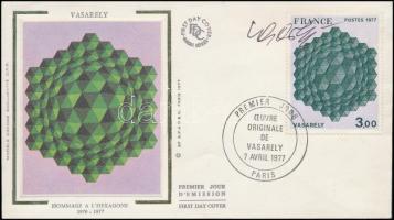 1977 Victor Vasarely saját kezű aláírása képét ábrázoló FDC-n