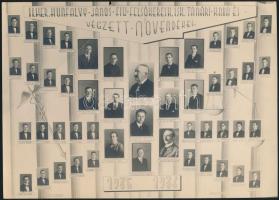 1936 Budapest, Hunfalvy János Fiú Felsőkereskedelmi Iskola tanárai és végzett növendékei, kistabló nevesített portrékkal, több hibával, 16x22 cm