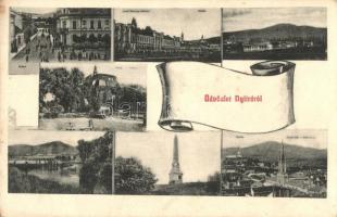 1907 Nyitra, Nitra; utcakép, József főherceg laktanya, Püspöki vár, Zobor hegy, tó csónakázókkal, apácazárda, Ezredévi emlékmű (1921-ben legionáriusok döntötték le). Kiadja Fürst Sz. 498. / street view, military barracks, bishop's castle, Zobor mountain, lake with rowing boats, nunnery, millenium monument (Czech legionaries tore down the monument in 1921) (EK)