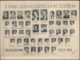 cca 1950 Budapest, a 3. sz. Ipari Leányközépiskola tanárai és végzett növendékei, kistabló nevesített portrékkal, sarkán törésvonal, 17,5 x 23,5 cm