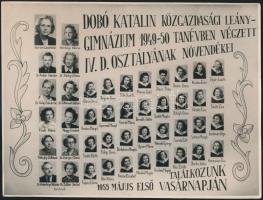 1950 Dobó Katalin Közgazdasági Leánygimnázium tanárai és végzett növendékei, kistabló nevesített portrékkal, 17x22 cm