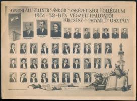 1952 Sopron, Kellner Sándor Szakérettségi Kollégium tanárai és végzős diákjai, kistabló nevesített portrékkal, sarkán törésvonal, 16,5x22,5 cm