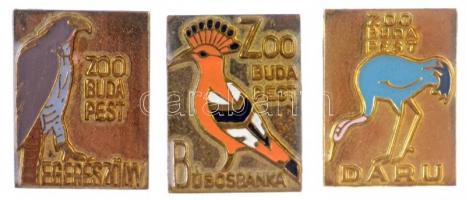 3db klf zománcozott, aranyozott Zoo Budapest jelvény; Daru, Búbosbanka és Egerészölyv (15x20mm) T:1,1-