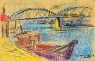 Schönberger jelzéssel: hajók a hídnál. Pasztell, papír, üvegezett keretben, 31×45 cm