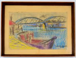Schönberger jelzéssel: hajók a hídnál. Pasztell, papír, üvegezett keretben, 31×45 cm