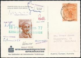 1977 A német-osztrák Karakorum-expedíció tagjainak aláírásai az expedícióról küldött levelezőlapon: Franz Sindermann, Helmut Linzbichler, Dieter Class, Johannes Schmidt, Wolfgang Krimmer, Ekkehardt Kreiser