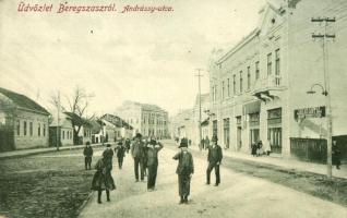 Beregszász, Berehove; Andrássy utca, izraelita templom, zsinagóga, Jakab Antal ecet szeszgyára, üzlet. W. L. Bp. 6061. / street view, synagogue, shops, vinegar distillery (EK)