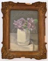 Brenner László (1897-):  Ibolyás csendélet. Olaj, falemez, jelzett, sérült keretben, 19×13 cm