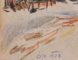 Ócsvár Rezső (1877-1968): Téli tanya. Színes ceruza, papír, jelzett. Kopott, üvegezett fakeretben, 9...