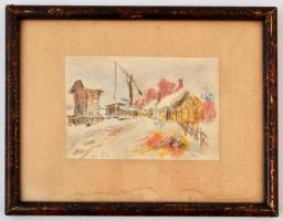 Ócsvár Rezső (1877-1968): Téli tanya. Színes ceruza, papír, jelzett. Kopott, üvegezett fakeretben, 9...